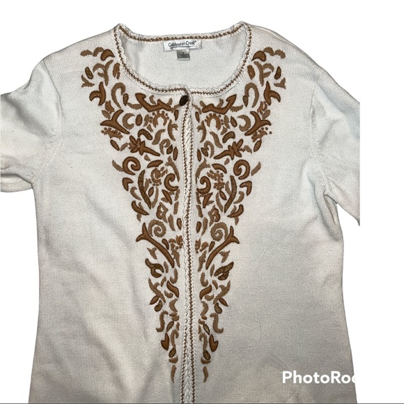Coldwater Creek Cardigan Sweater. Embroidered. Cream with gold/tan accent Small - Picture 4 of 14